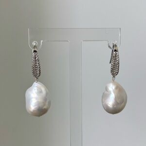 Baroque Pearl Drop Earrings with Silver Pavé Accents
